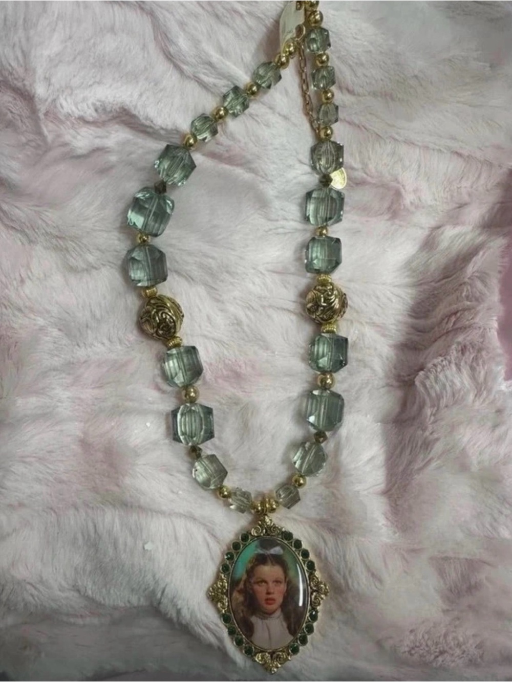 Green Beaded Portrait Pendant Necklace with Gold Accents